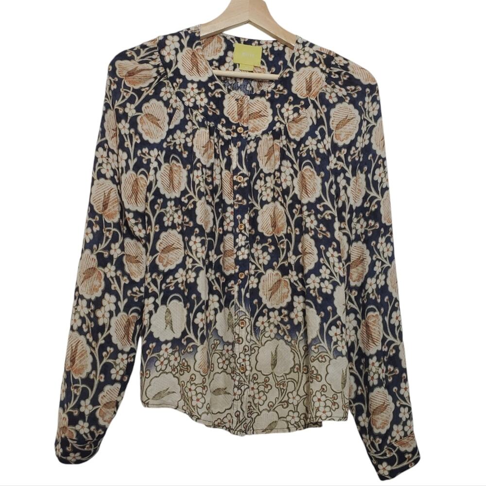 Maeve | Anthropologie Floral Lily Pad Button Up Lightweight Long Sleeve Blouse